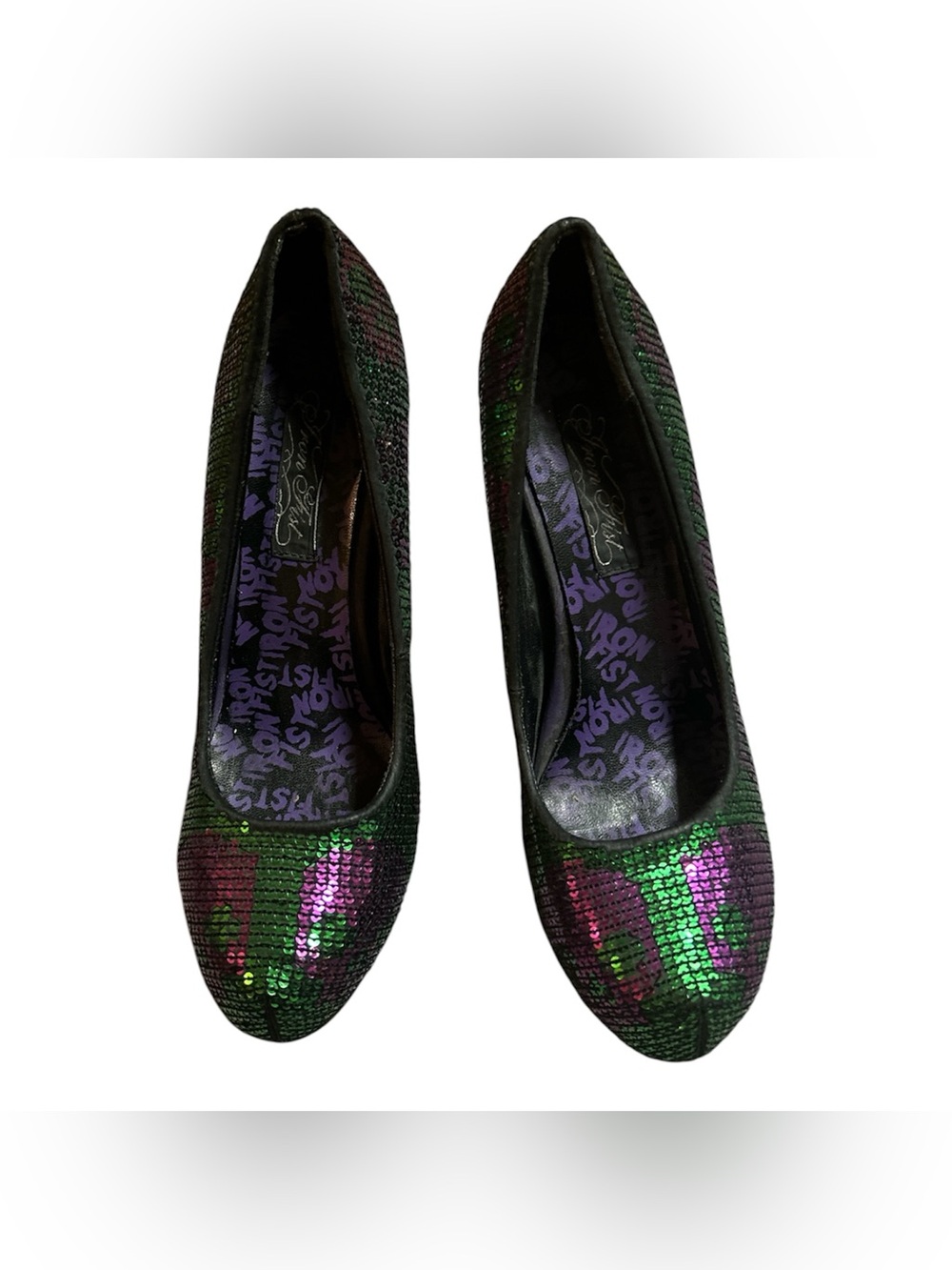Iron Fist Green & Purple Sequin Skull Heels